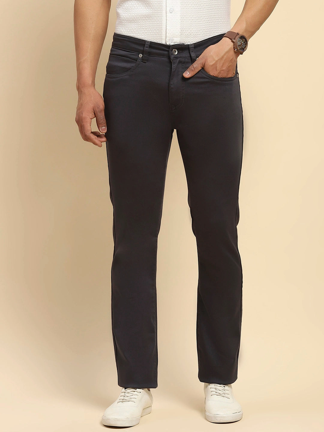 Grey Cotton Blend Straight Fit Trouser - Global Republic
