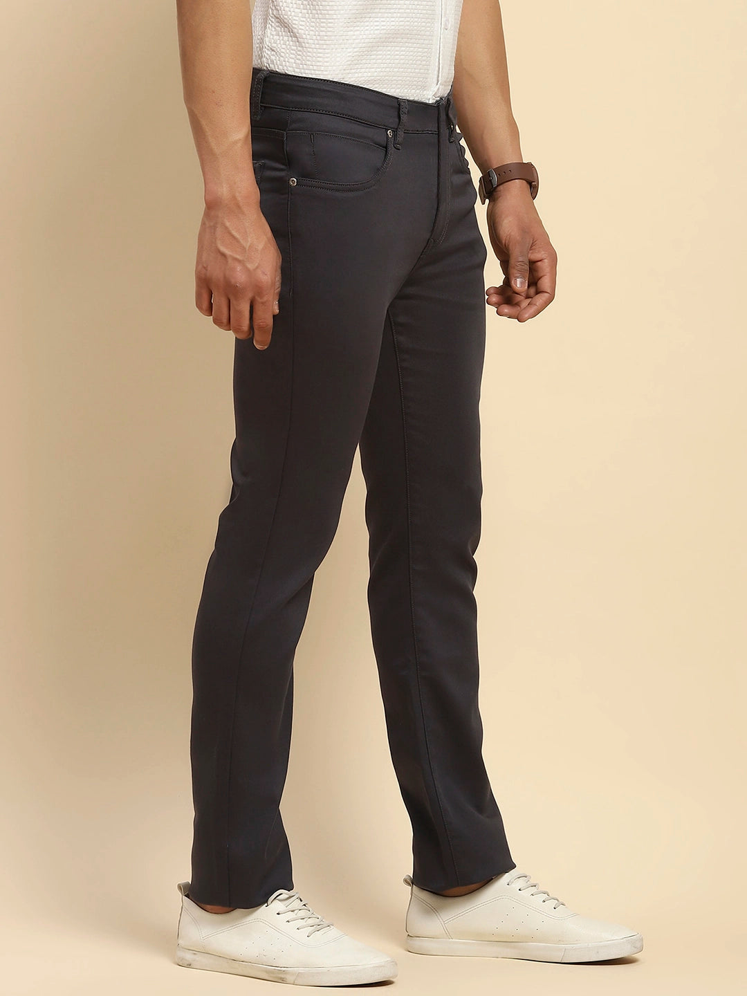Grey Cotton Blend Straight Fit Trouser - Global Republic