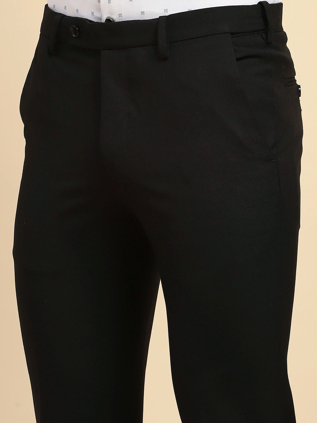 Black Solid Cotton Blend Trouser - Global Republic