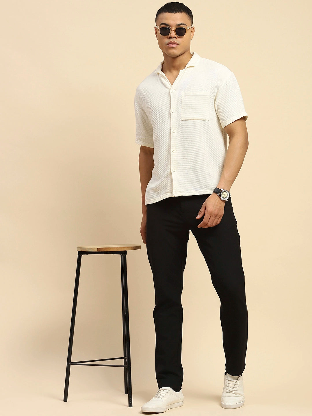 Black Relaxed Fit Cotton Blend Trouser - Global Republic