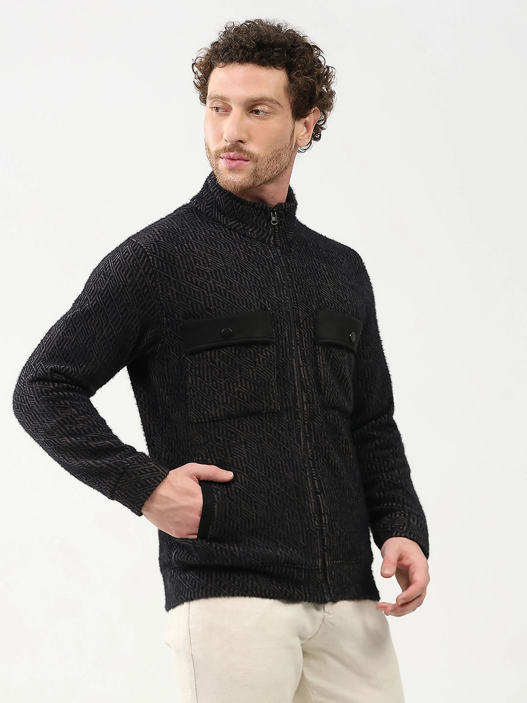 Wool-Blend Stand Collar Jacket