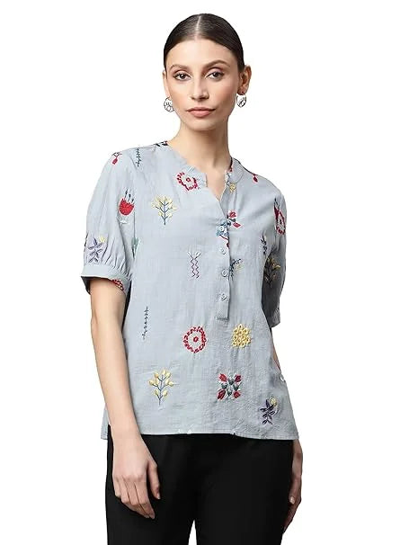Sky Cotton Regular Fit Blouson Top For Women - Global Republic