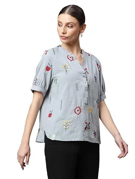Sky Cotton Regular Fit Blouson Top For Women - Global Republic
