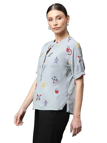 Sky Cotton Regular Fit Blouson Top For Women - Global Republic