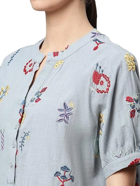 Sky Cotton Regular Fit Blouson Top For Women - Global Republic