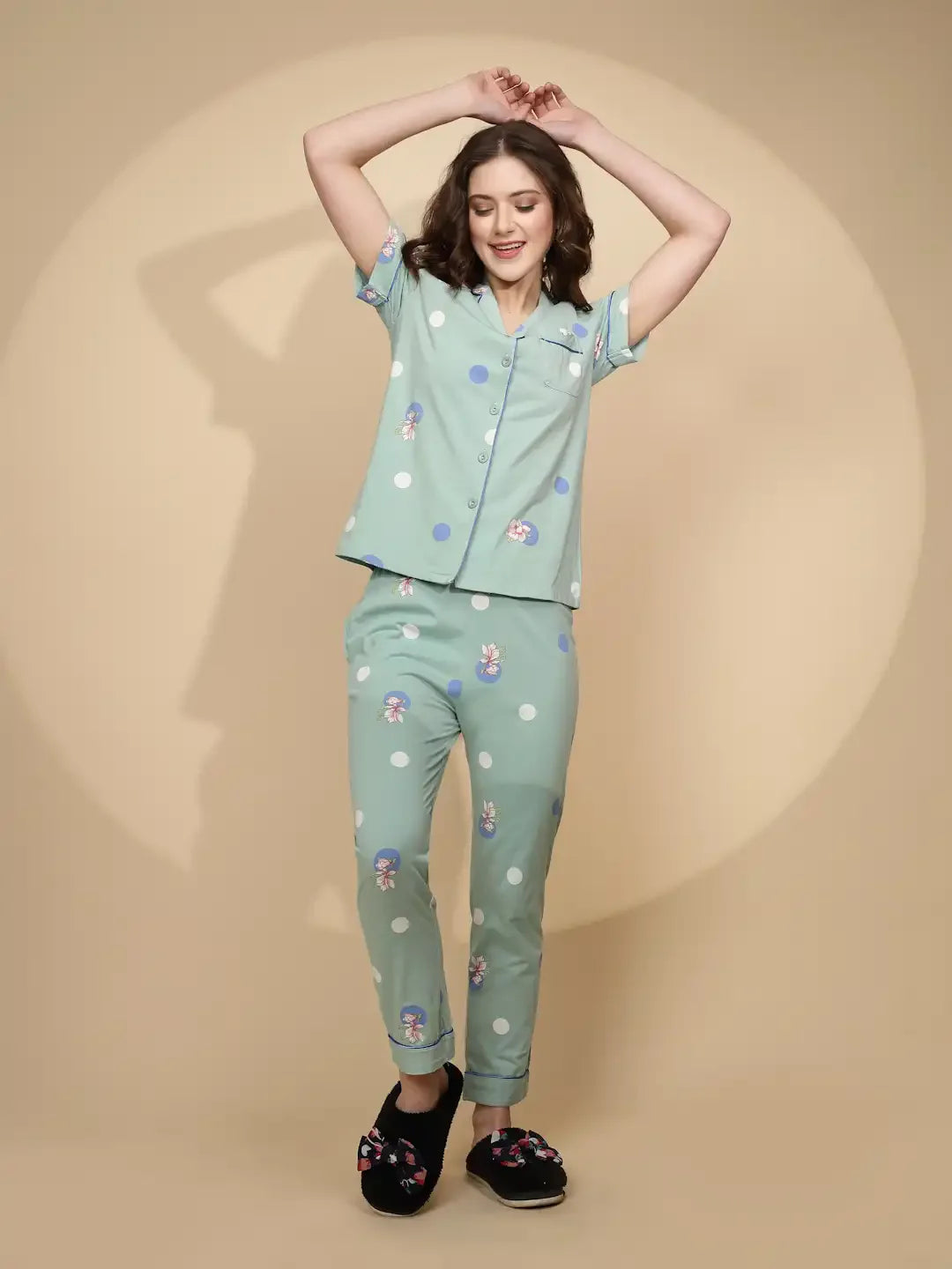 Green Cotton Blend Regular Fit Night Suit For Women - Global Republic