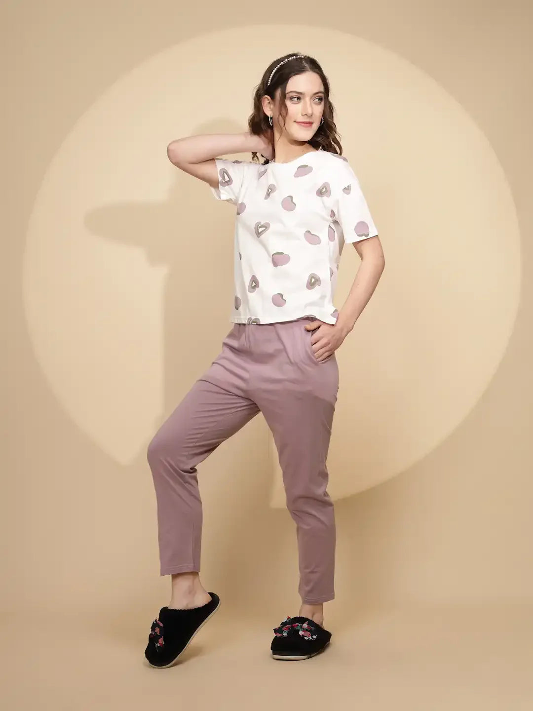 Lilac Cotton Blend Regular Fit Night Suit For Women - Global Republic