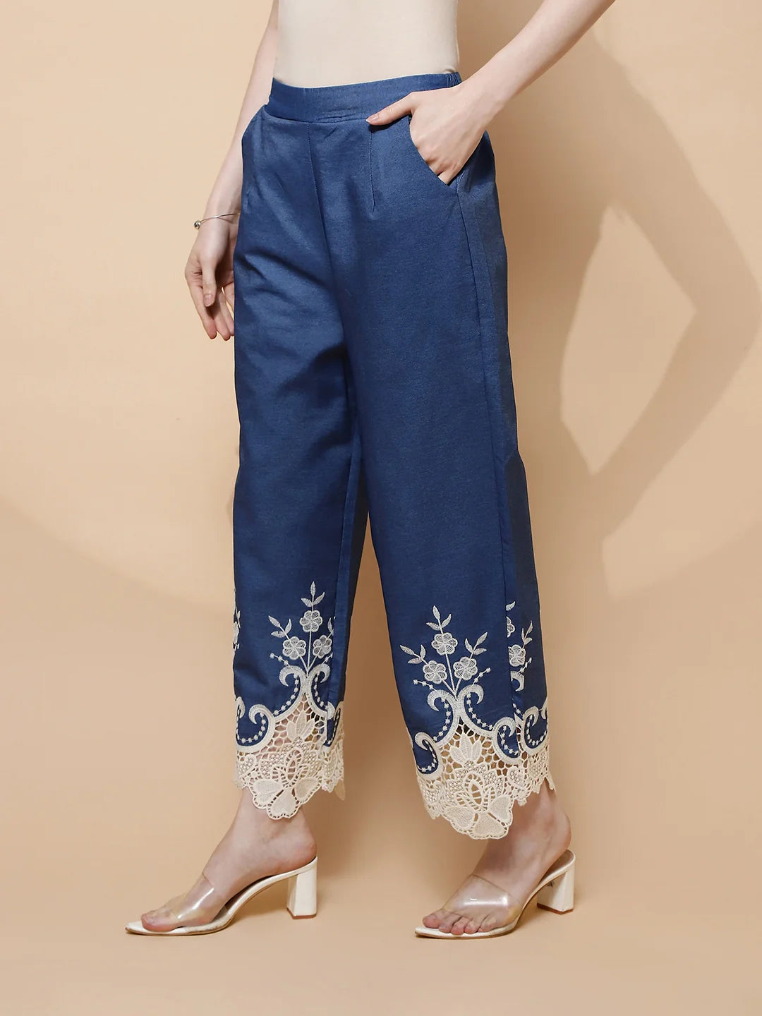 Blue Embroidered Cotton Blend Lower - Global Republic