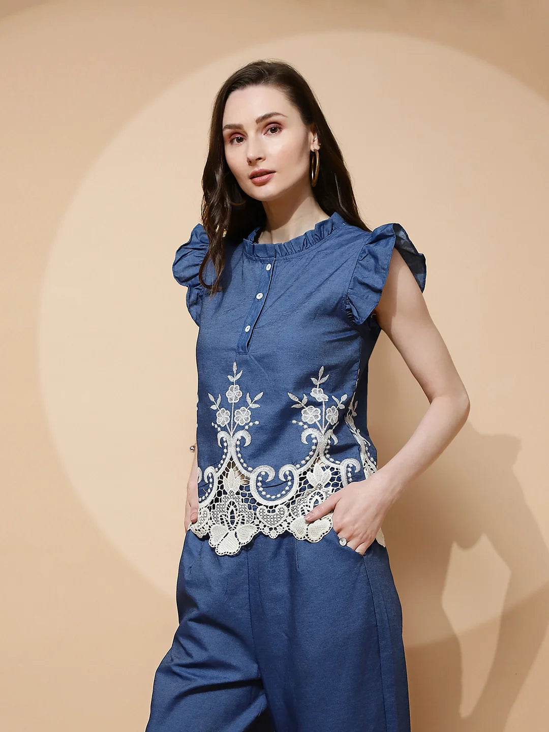 Blue Embroidered cotton Top - Global Republic