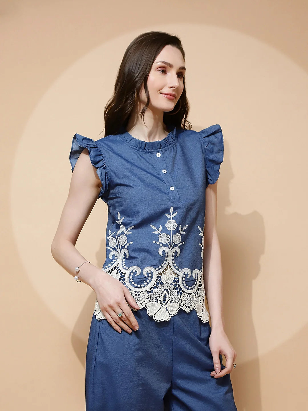Blue Embroidered cotton Top - Global Republic