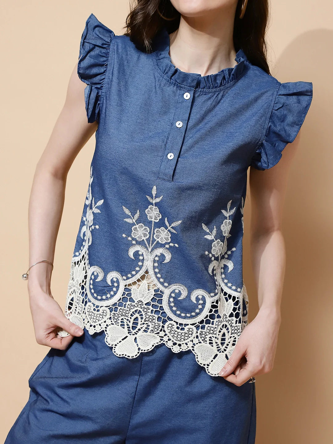 Blue Embroidered cotton Top - Global Republic
