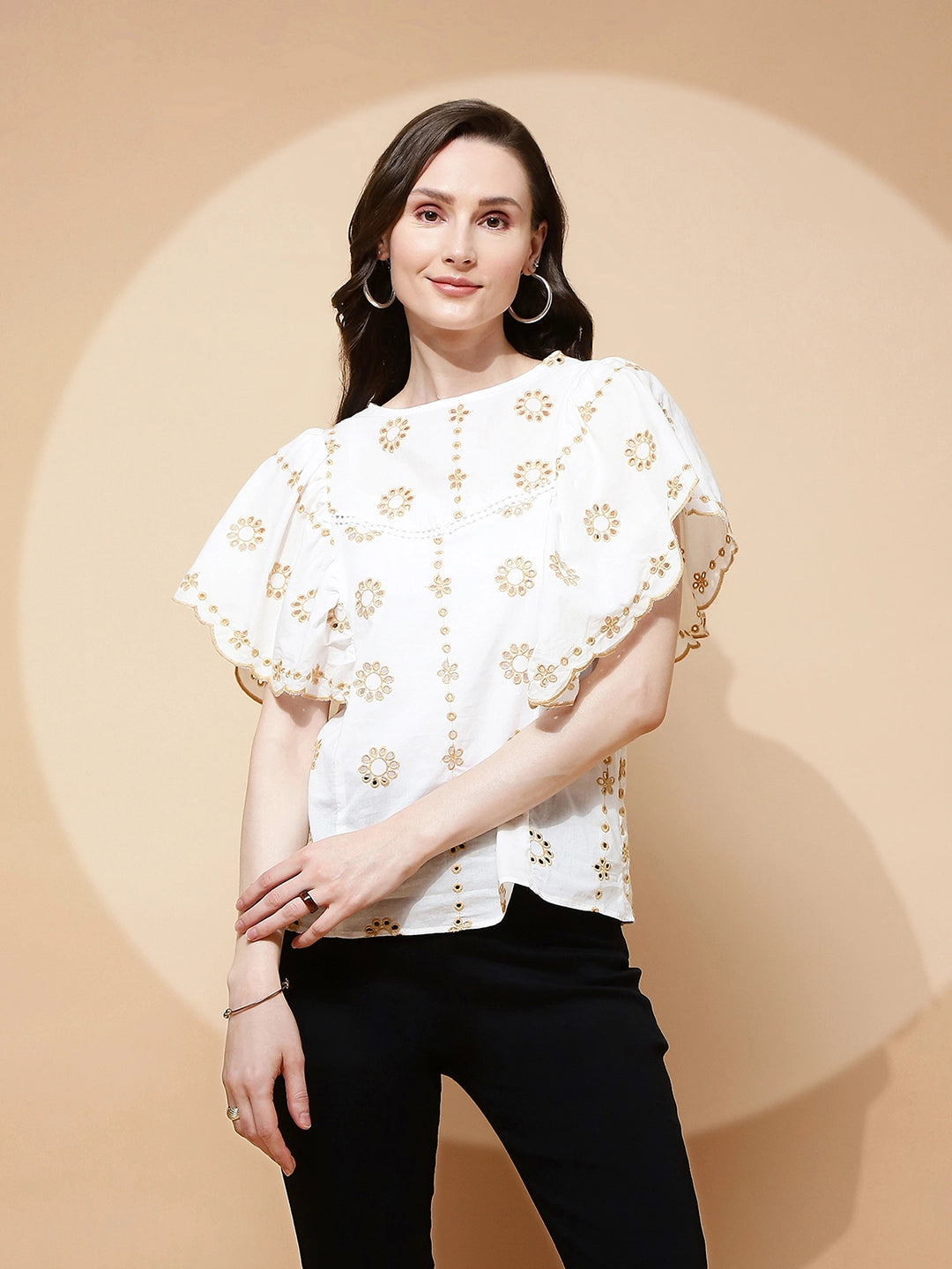 White Cotton Blend Schiffili Top - Global Republic