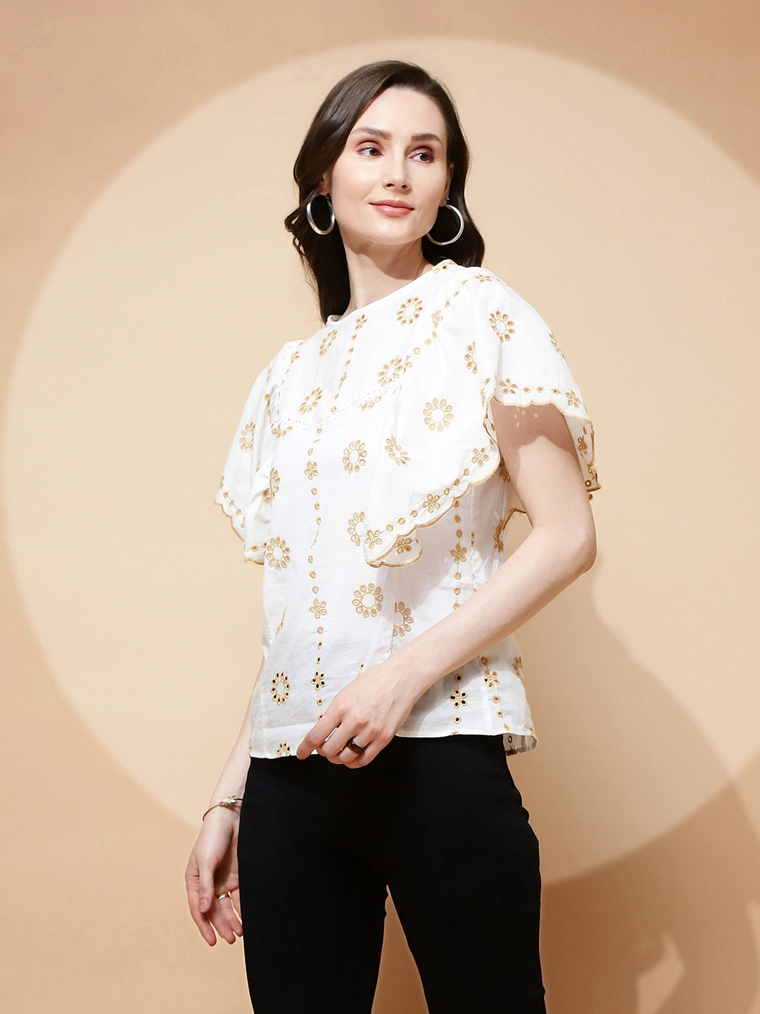 White Cotton Blend Schiffili Top - Global Republic