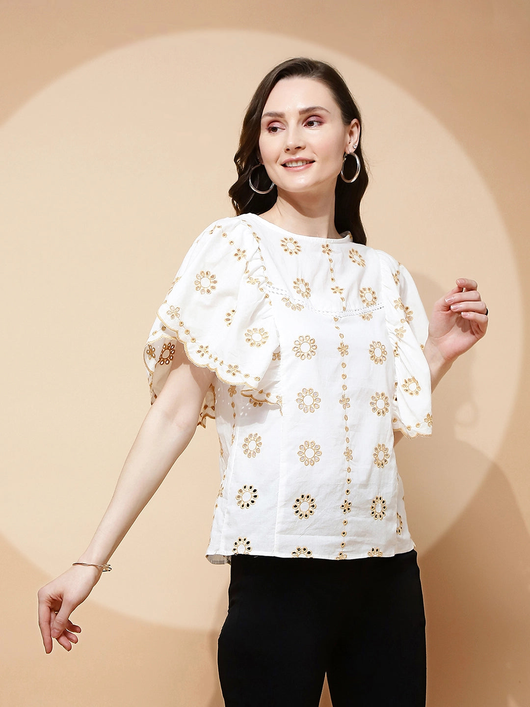 White Cotton Blend Schiffili Top - Global Republic
