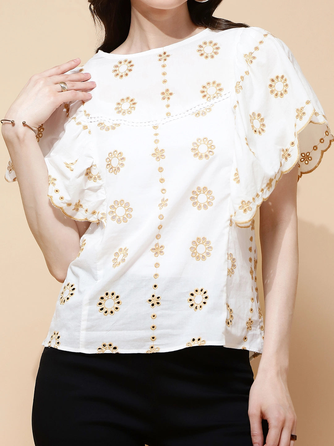 White Cotton Blend Schiffili Top - Global Republic