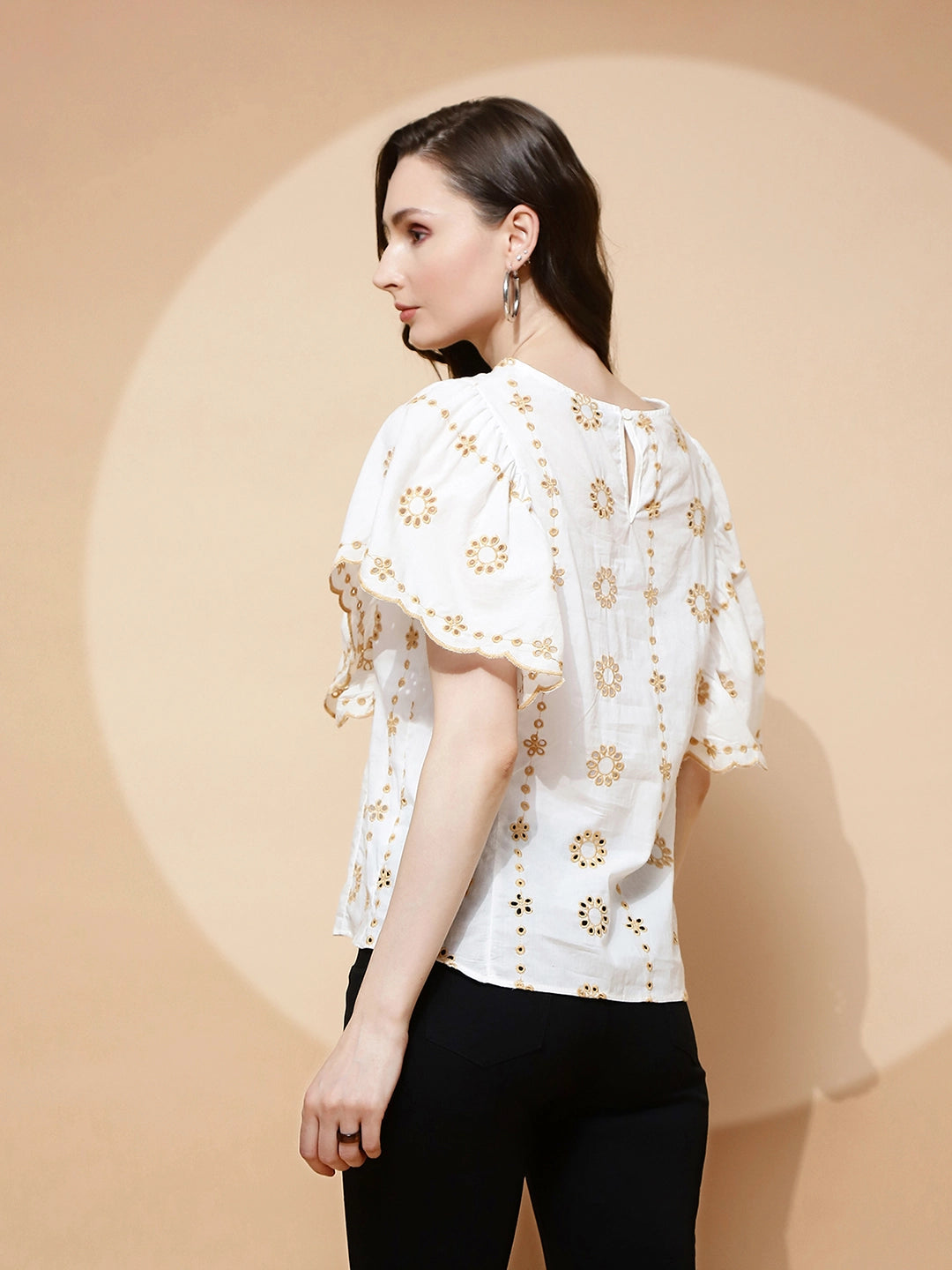 White Cotton Blend Schiffili Top - Global Republic
