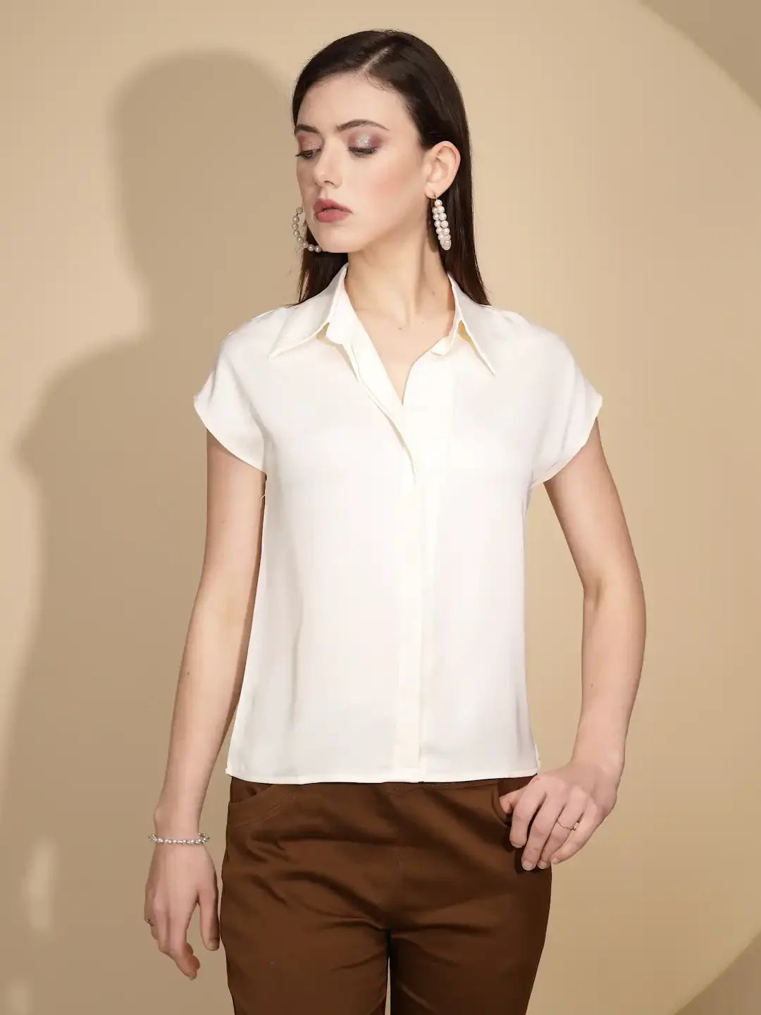 Cream Satin Loose Fit Formal Shirt - Global Republic