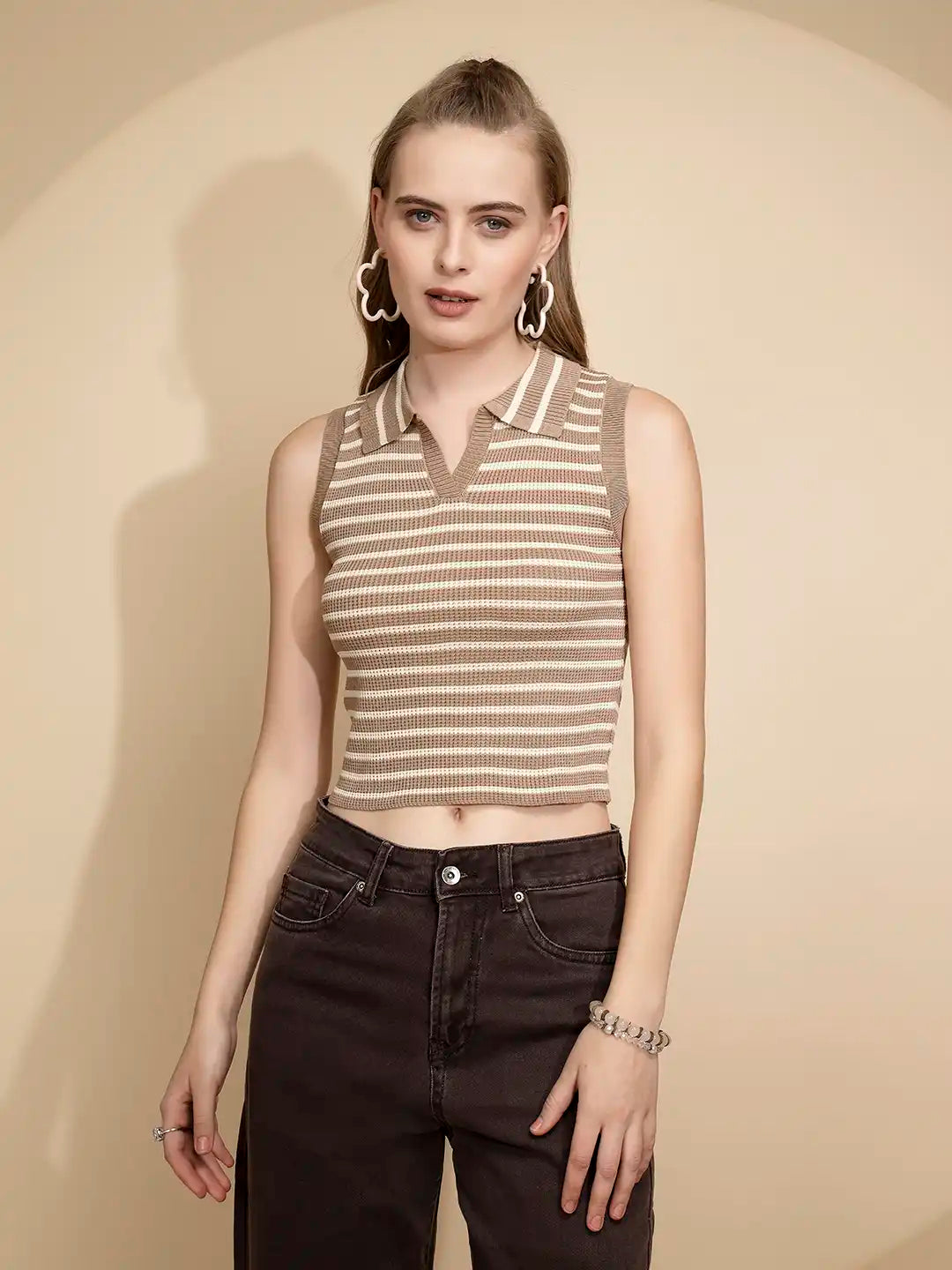 Beige Viscose Striped Slim Crop Top - Global Republic