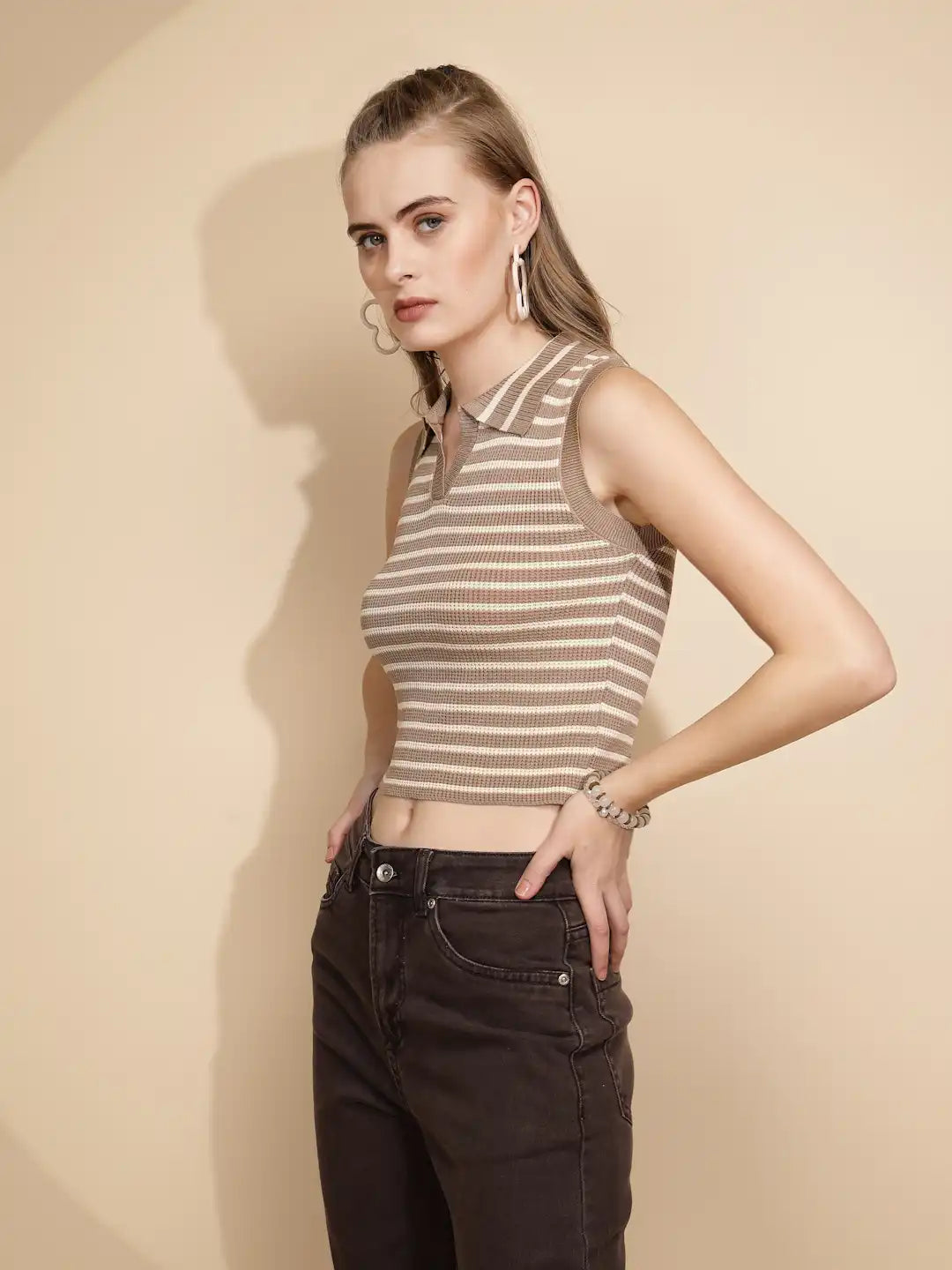 Beige Viscose Striped Slim Crop Top - Global Republic
