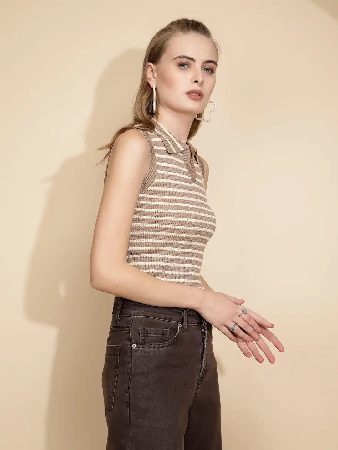Beige Viscose Striped Slim Crop Top - Global Republic