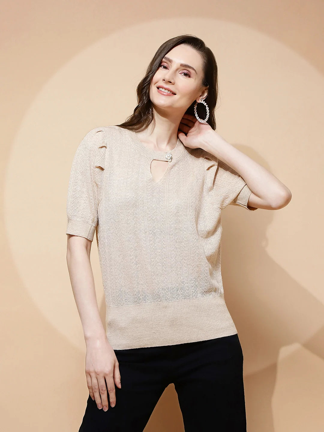Beige  Textured Loose Top - Global Republic