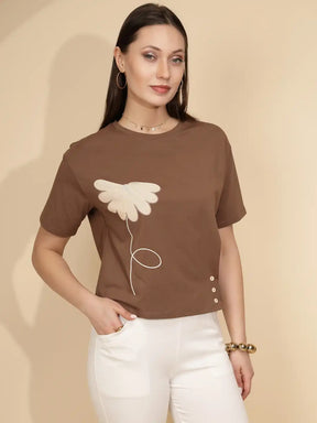 Brown Cotton Blend Regular Fit Top For Women