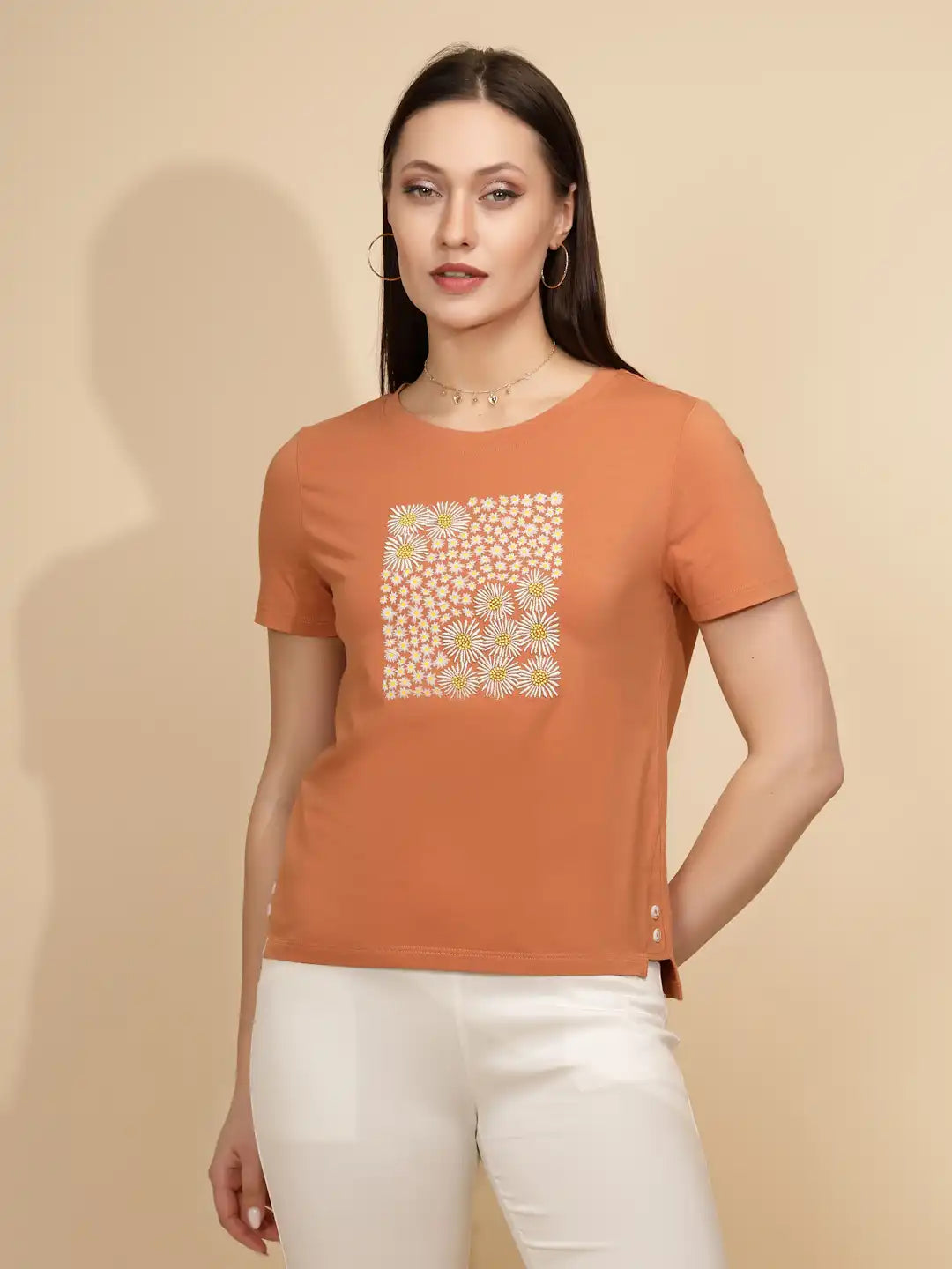 Orange Cotton Regular Fit Top For Women
