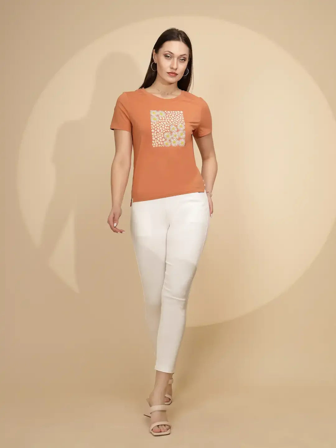 Orange Cotton Regular Fit Top For Women