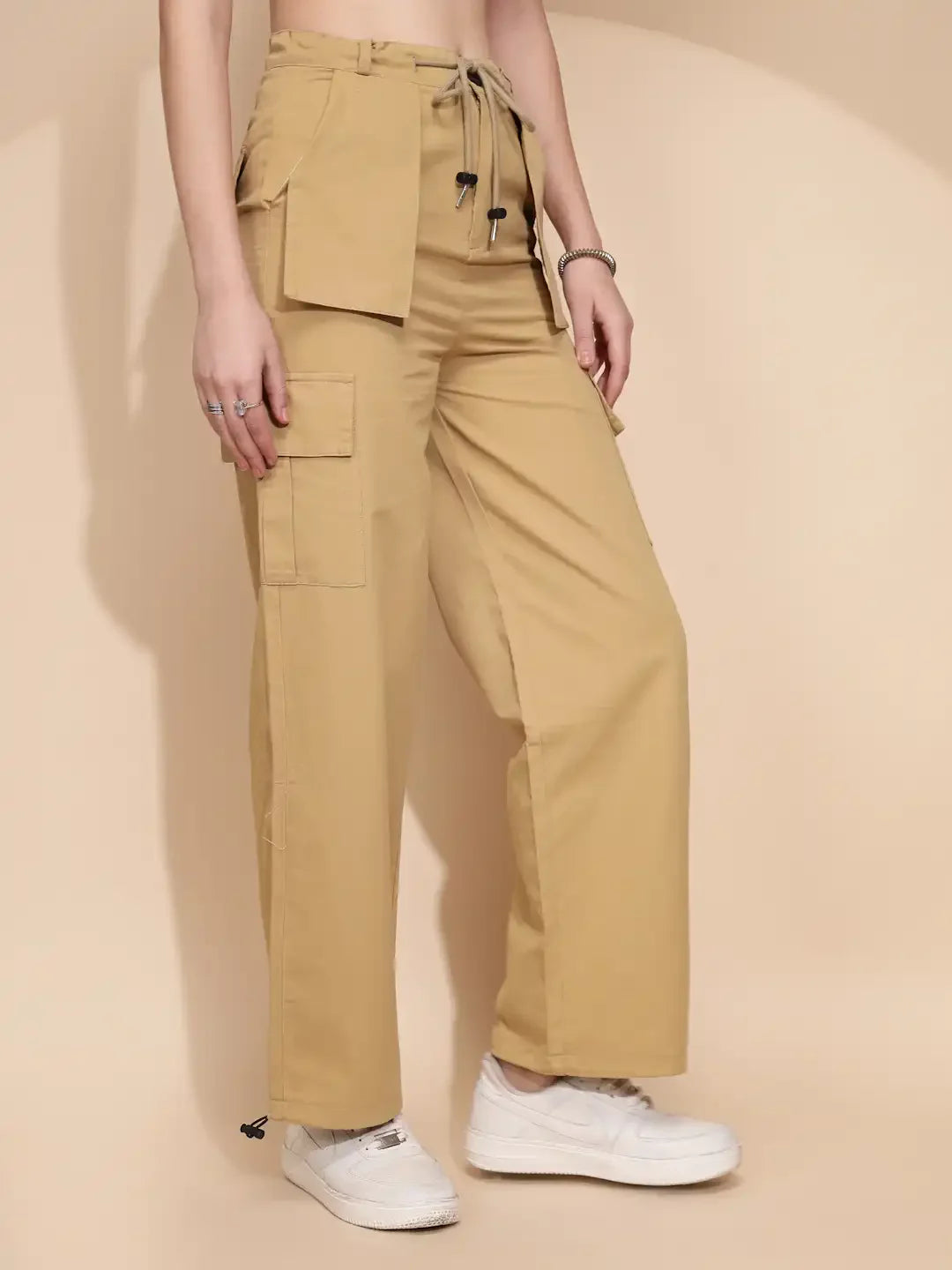 Khaki Cotton Relaxed Fit Cargo For Women - Global Republic