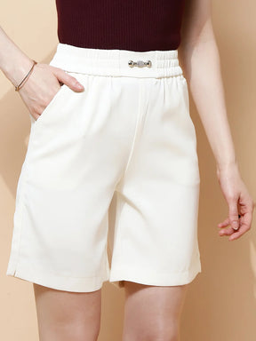 Beige Polycotton Regular Fit Shorts For Women