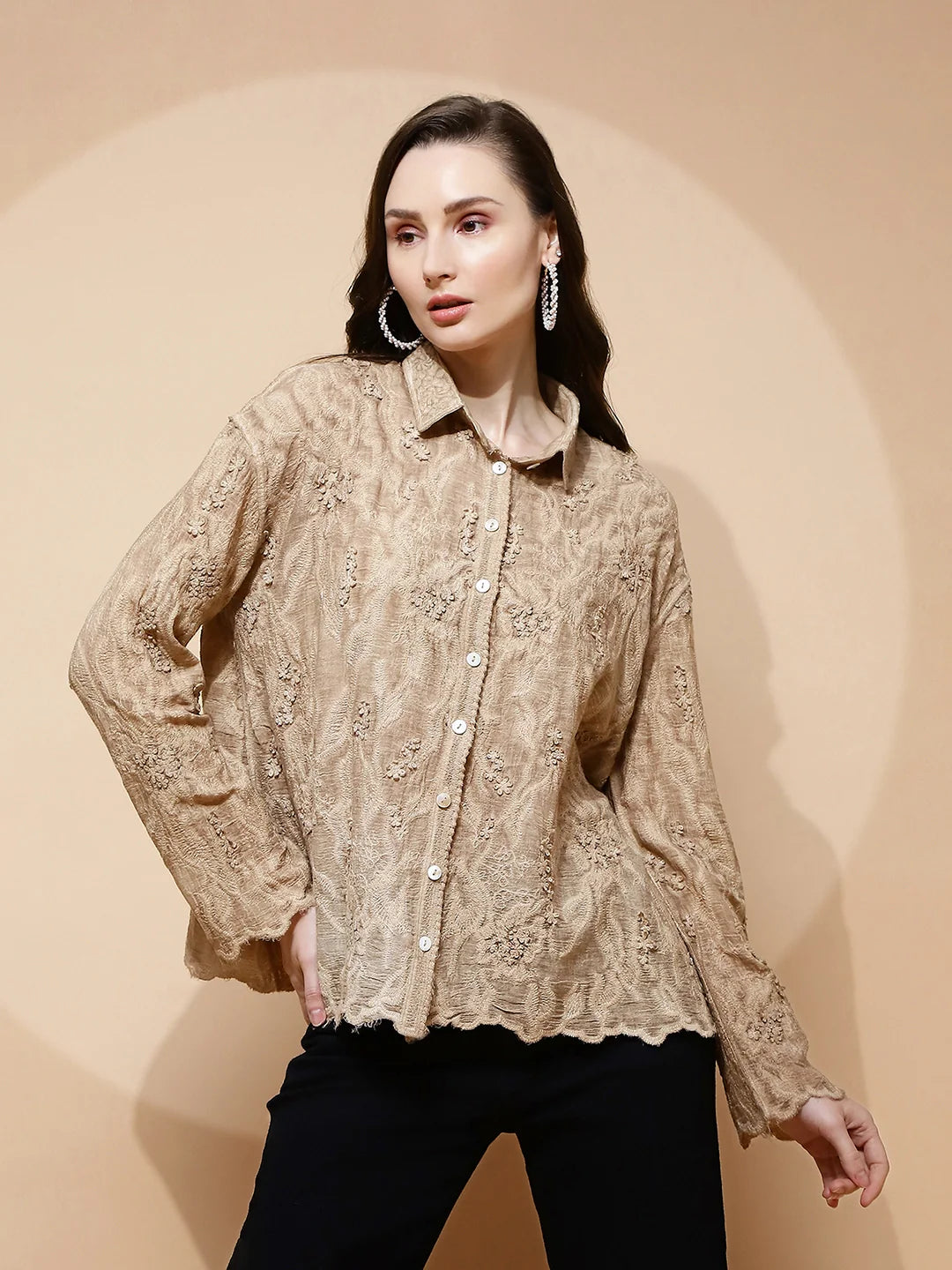 Beige Cotton Regular Fit Shirt For Women - Global Republic
