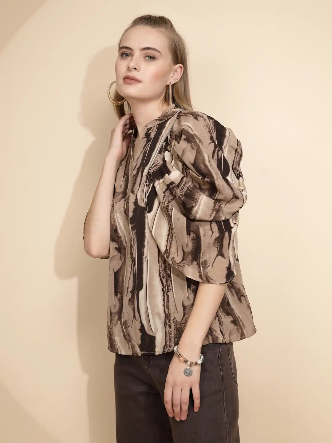 Coffee Polyester Blend Loose Fit Blouse For Women