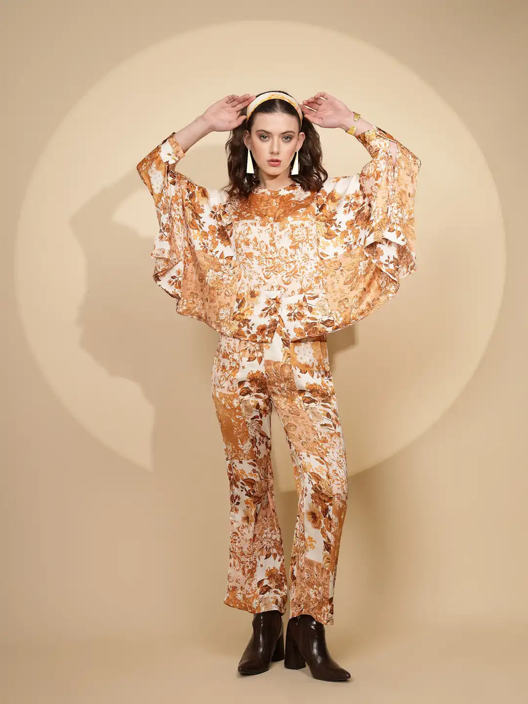 Khaki Polyester Blend Regular Fit Co-Ord Set For Women