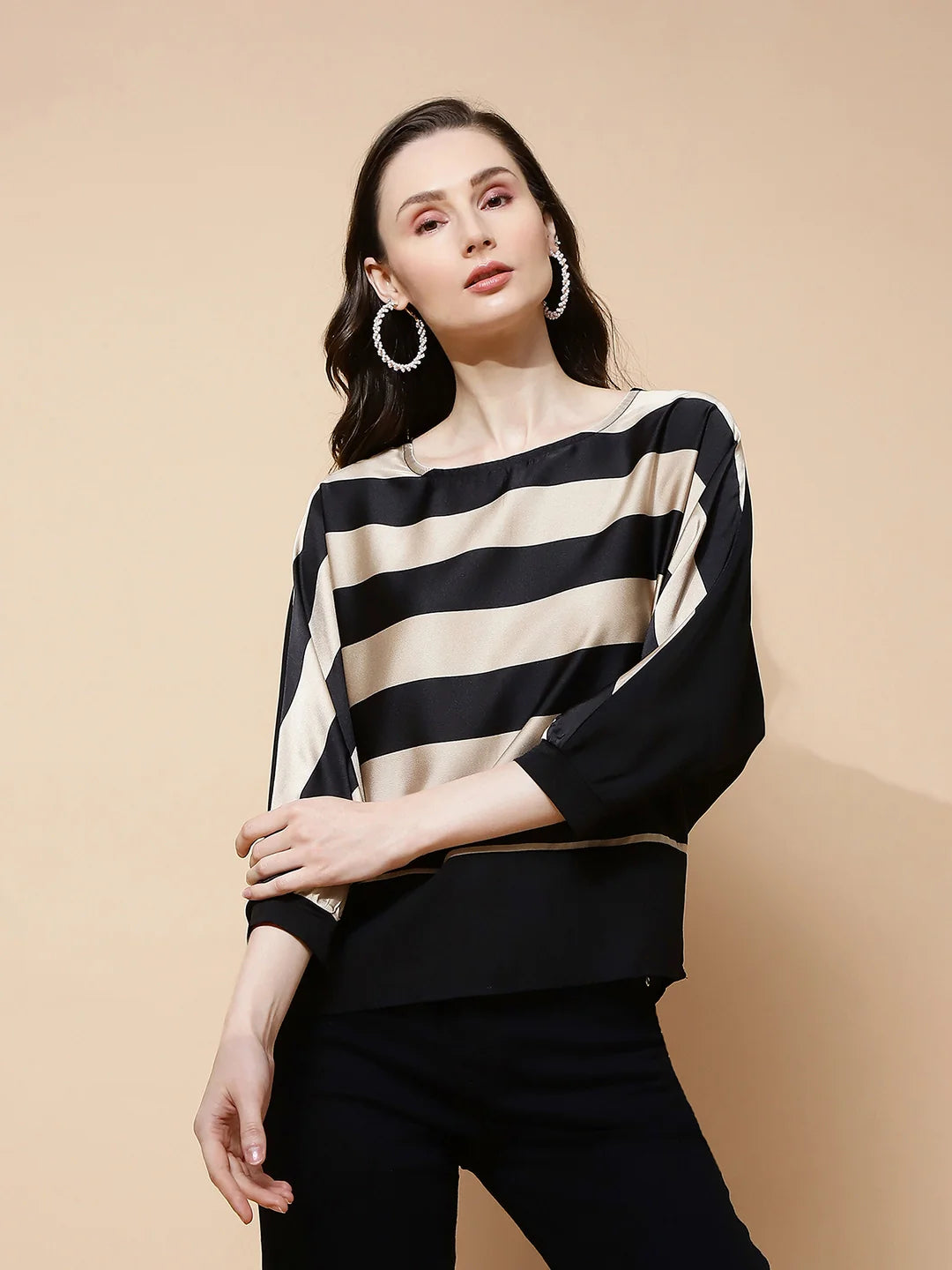 Beige and Black Regular Fit Blouse For Women - Global Republic