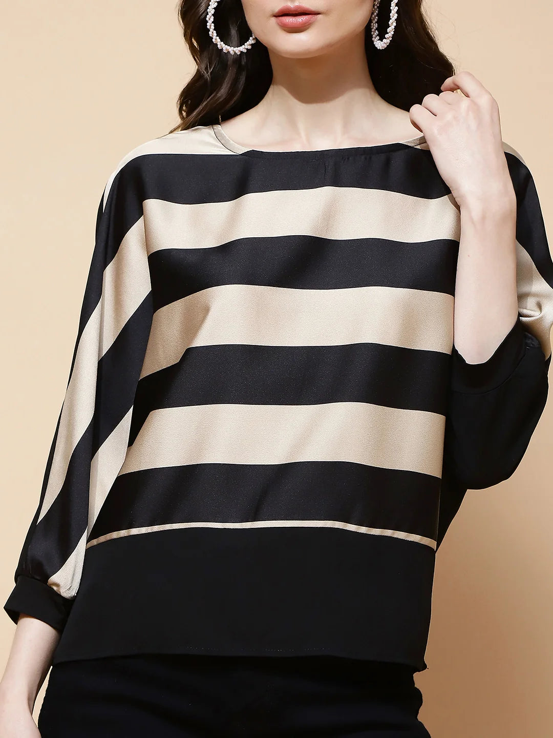 Beige and Black Regular Fit Blouse For Women - Global Republic