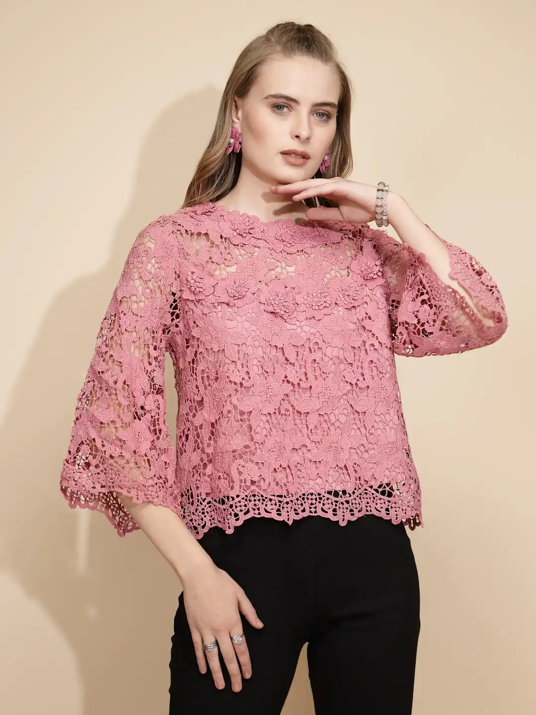 Pink Polyester Blend Loose Fit Blouse For Women