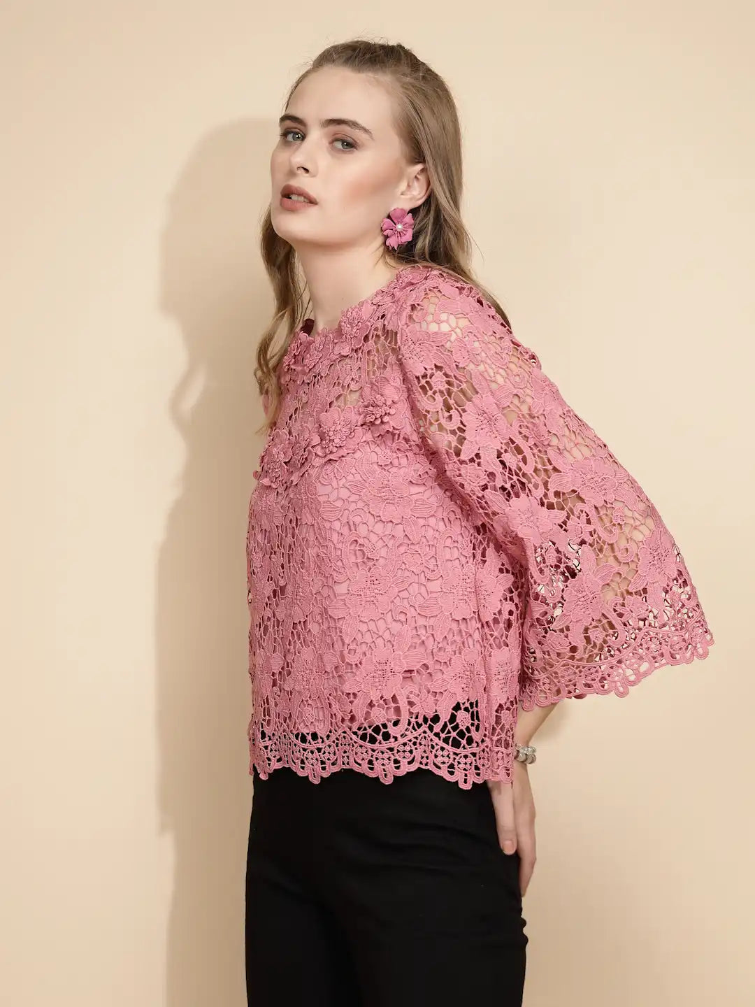 Pink Polyester Blend Loose Fit Blouse For Women