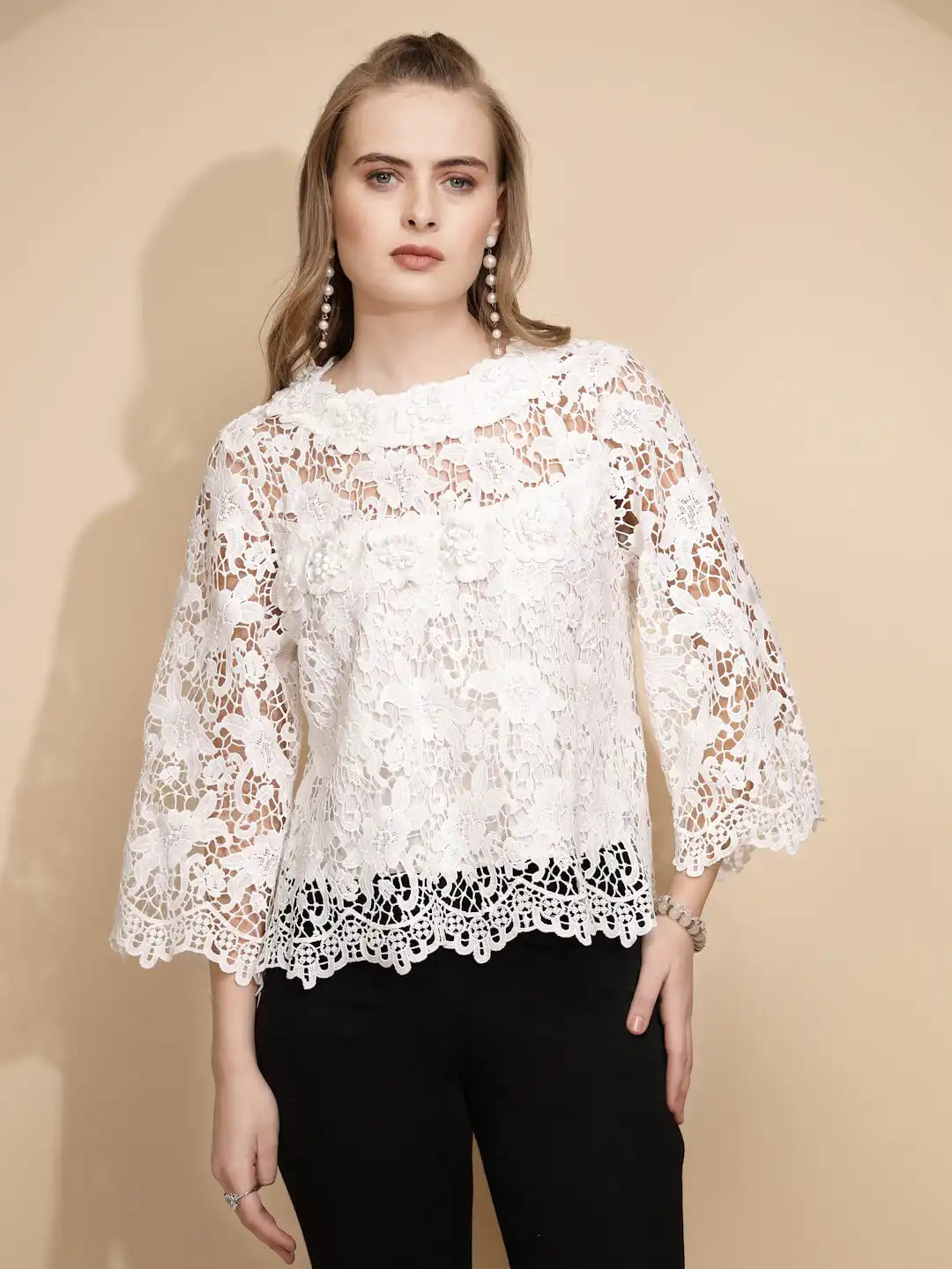 White Polyester Blend Loose Fit Blouse For Women
