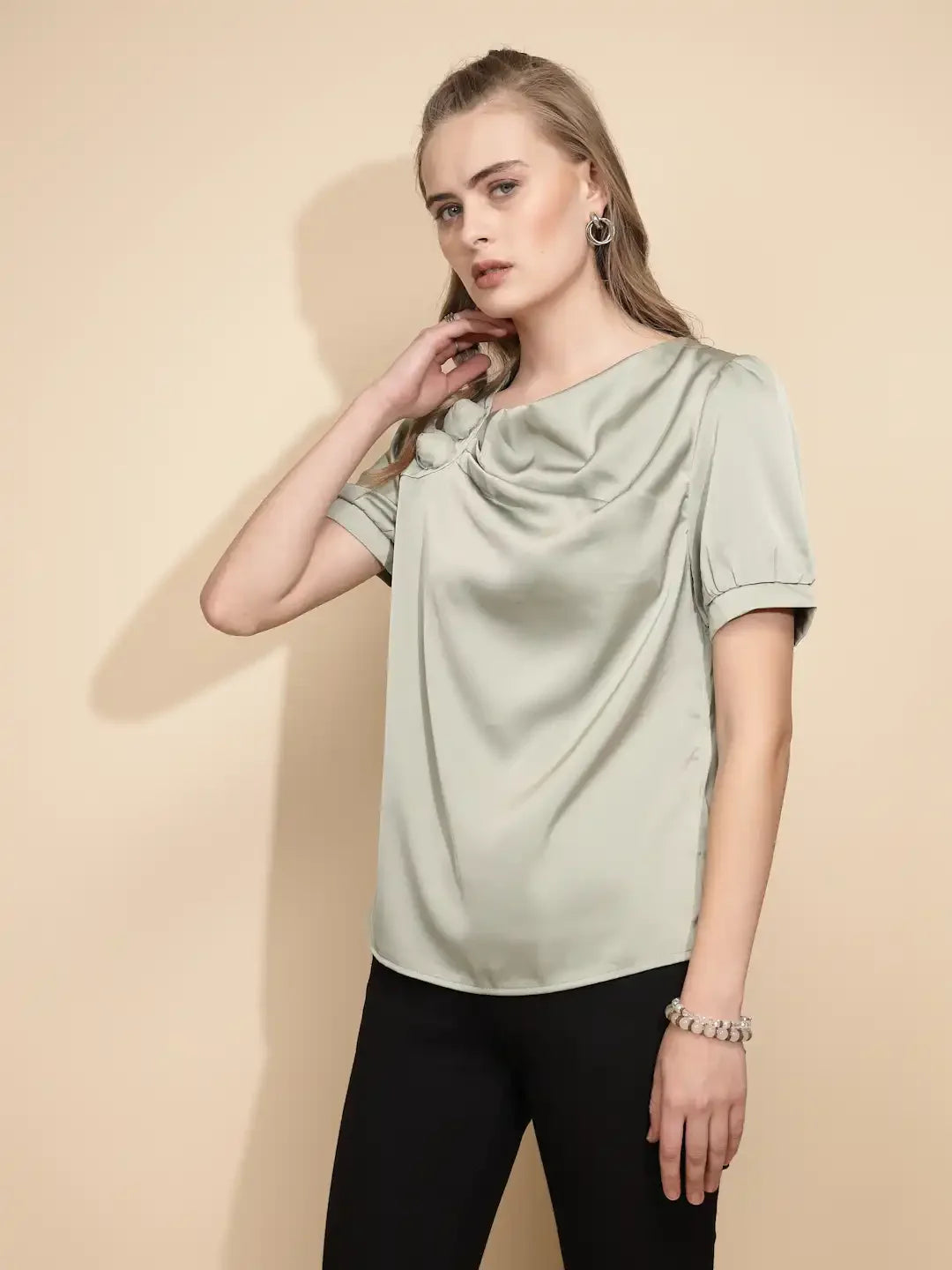 Avocado Polyester Blend Loose Fit Blouse For Women