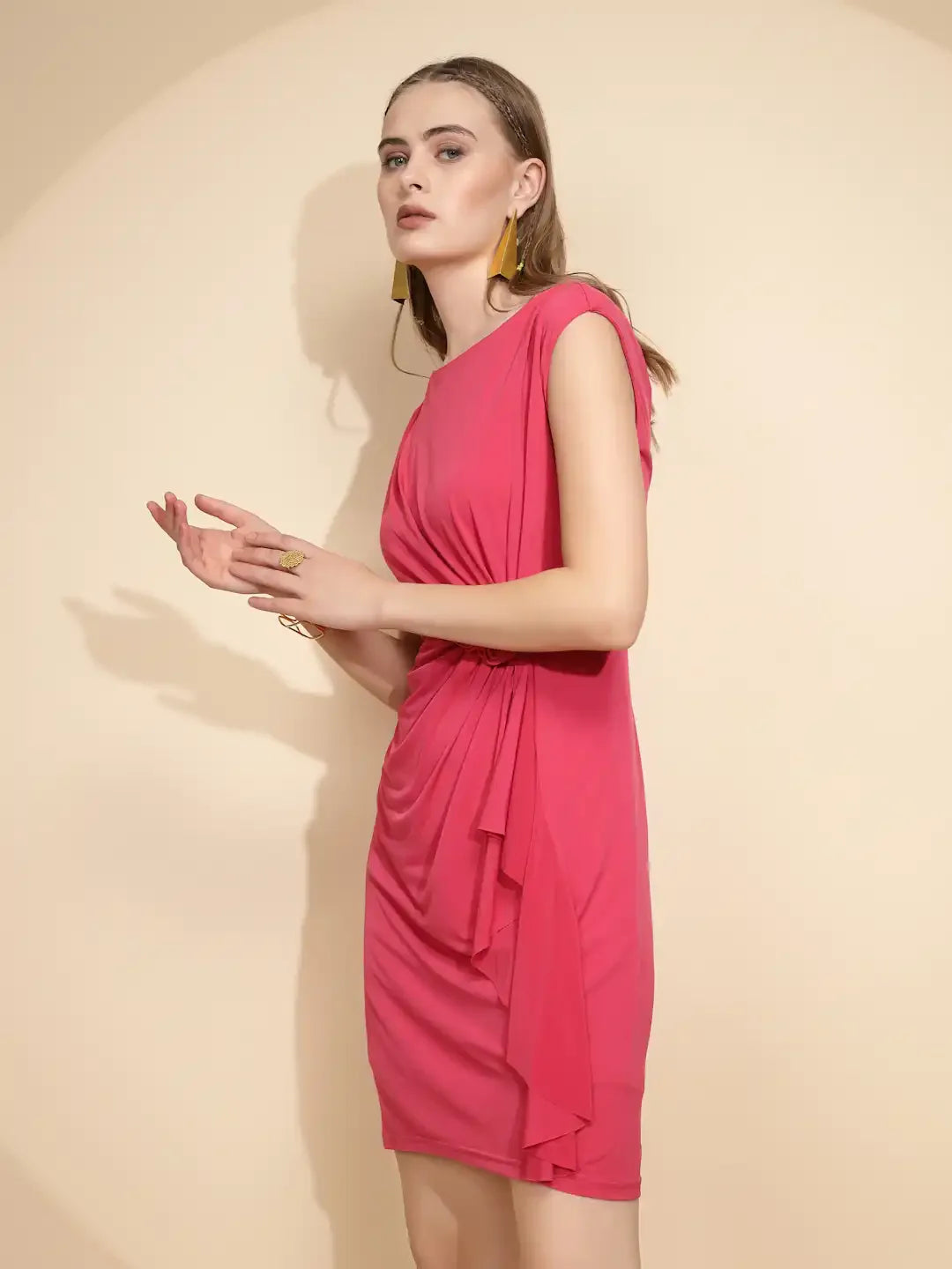 Hot Pink Polyester Blend Regular Fit Dress For Women
