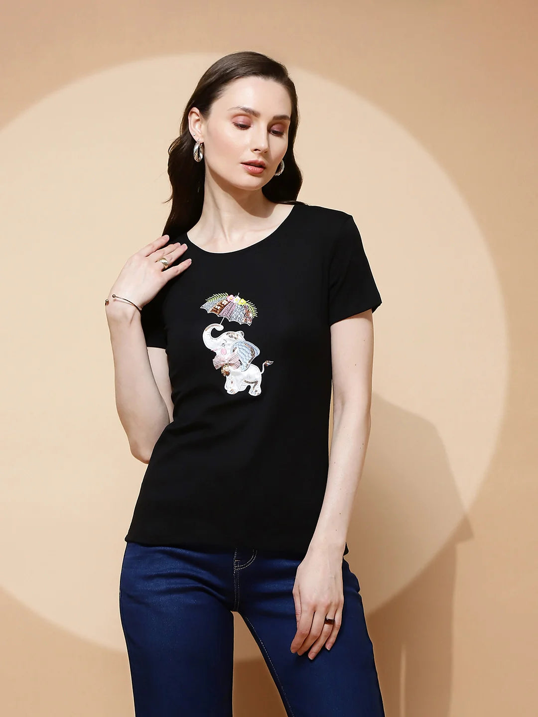 Black Cotton Blend Regular Fit Top - Global Republic