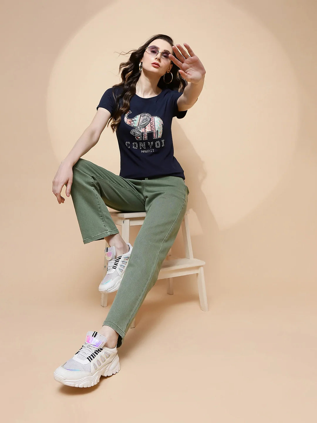 Navy Blue Cotton Blend Graphic Top - Global Republic