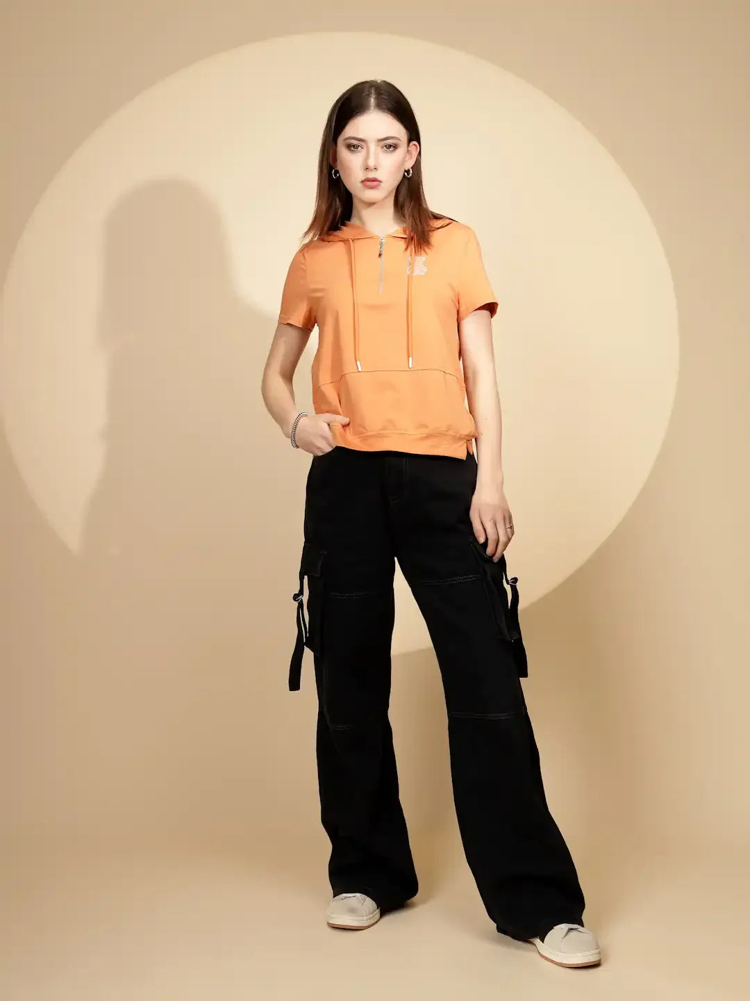 Orange Cotton Blend Regular Fit Top For Women