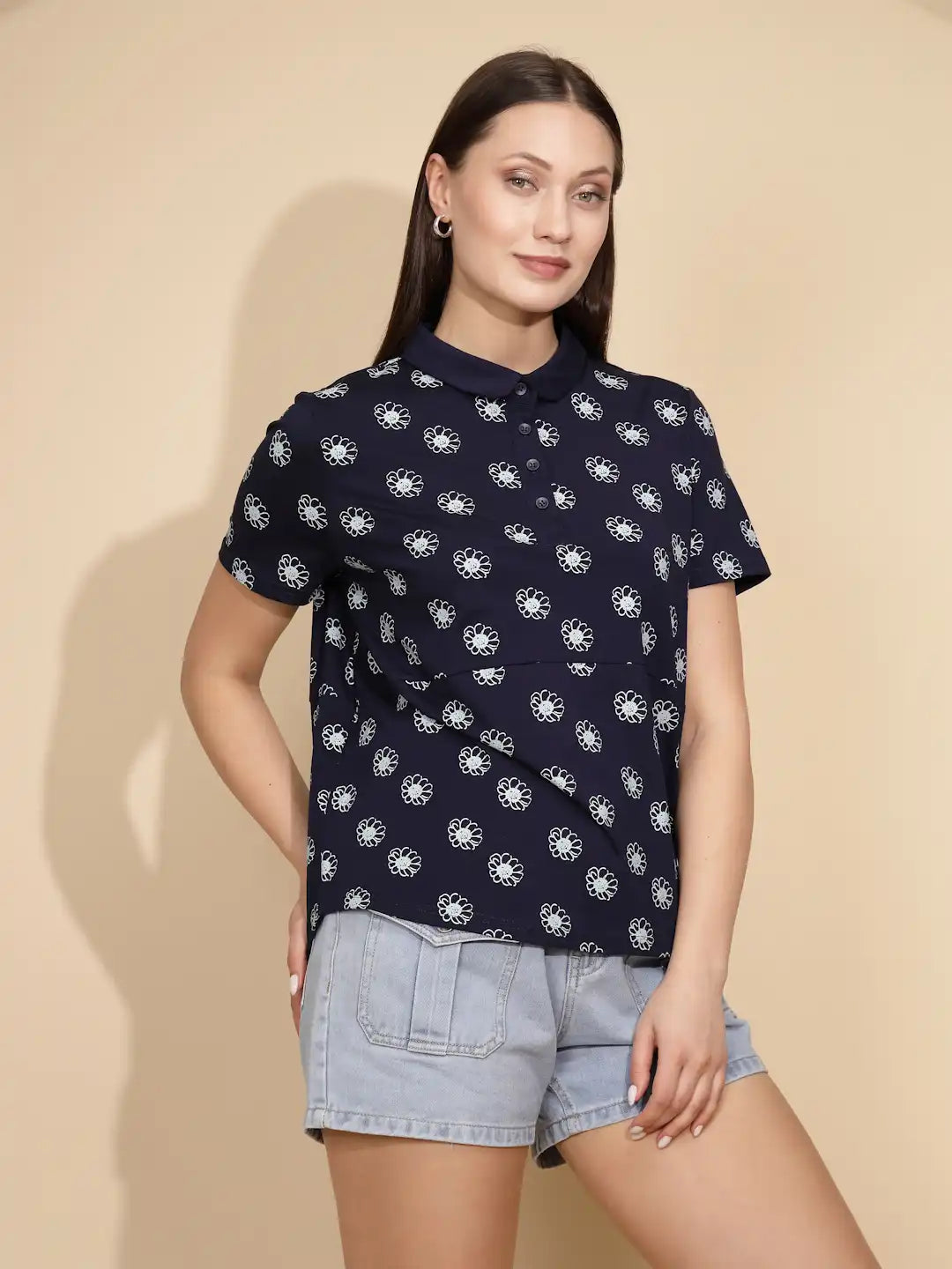 Navy Cotton Printed Loose Top - Global Republic