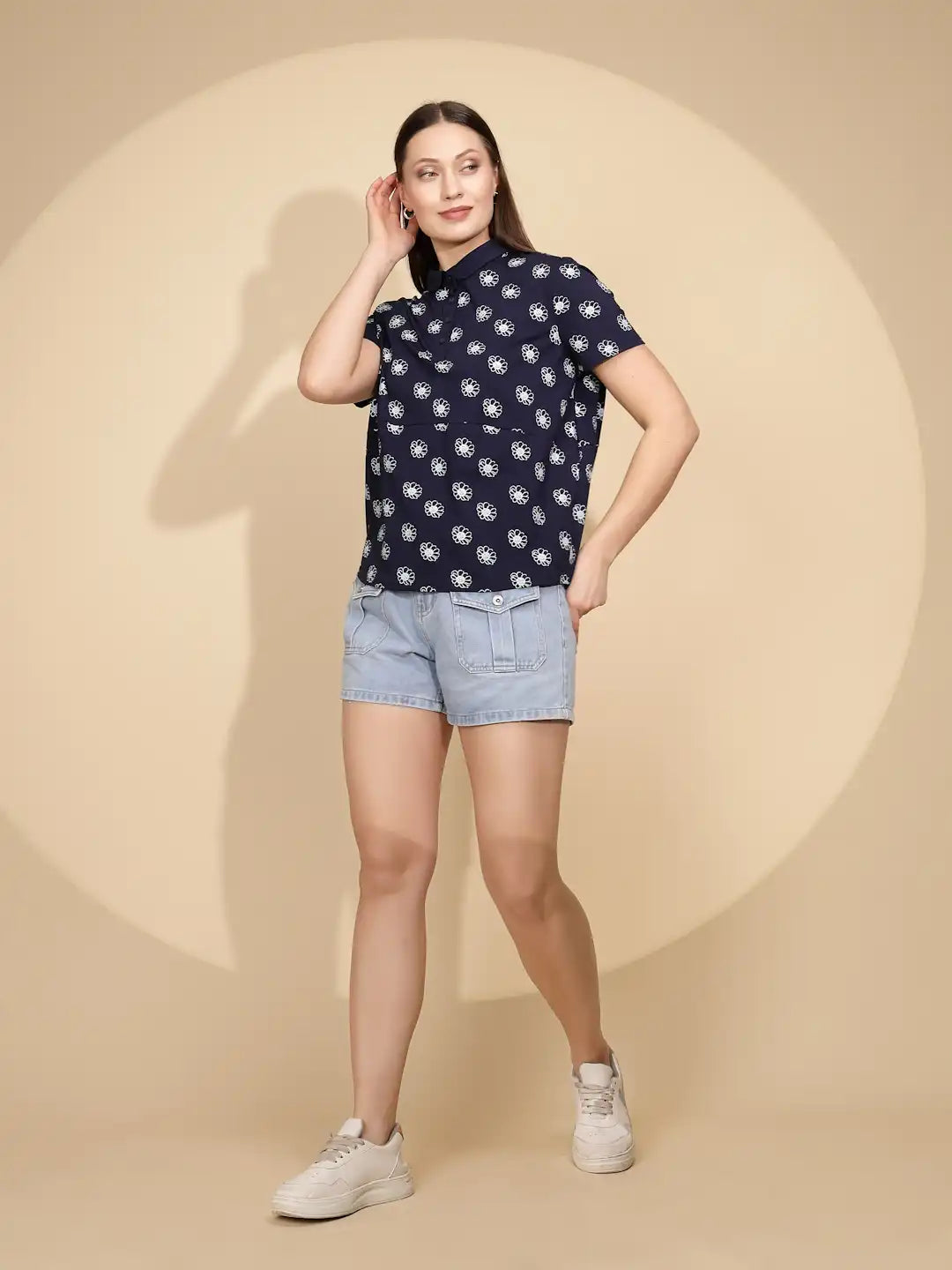 Navy Cotton Printed Loose Top - Global Republic