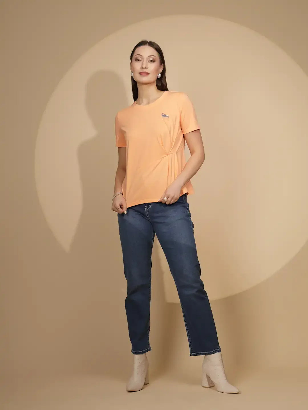 Peach Cotton Blend Regular Fit Top For Women
