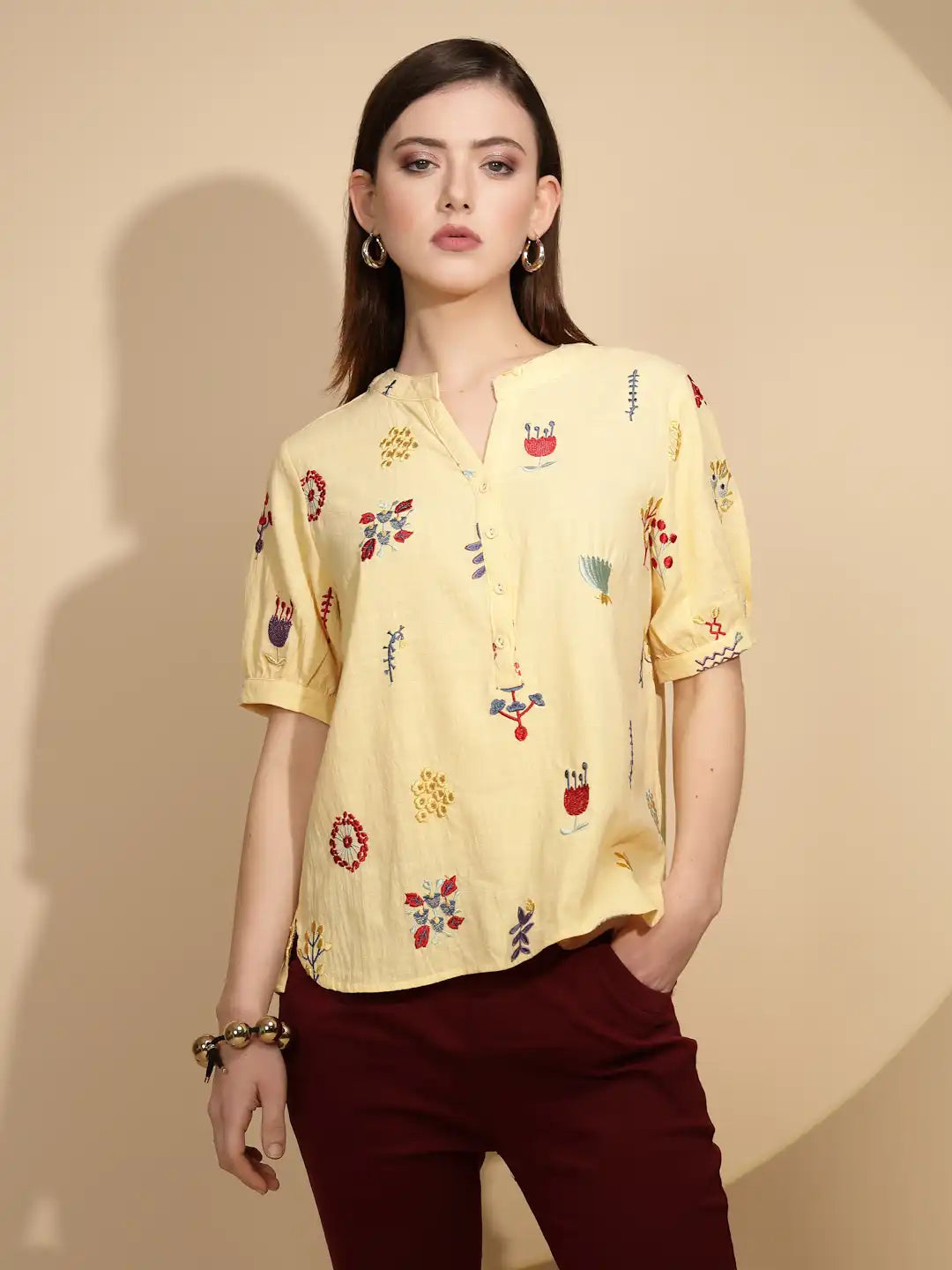 Yellow Embroidered Cotton Top - Global Republic