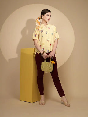 Yellow Cotton Regular Fit Blouson Top For Women