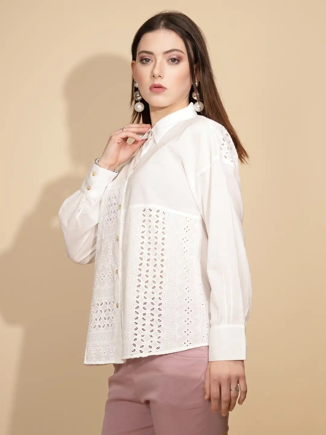White Cotton Schiffli Shirt - Global Republic