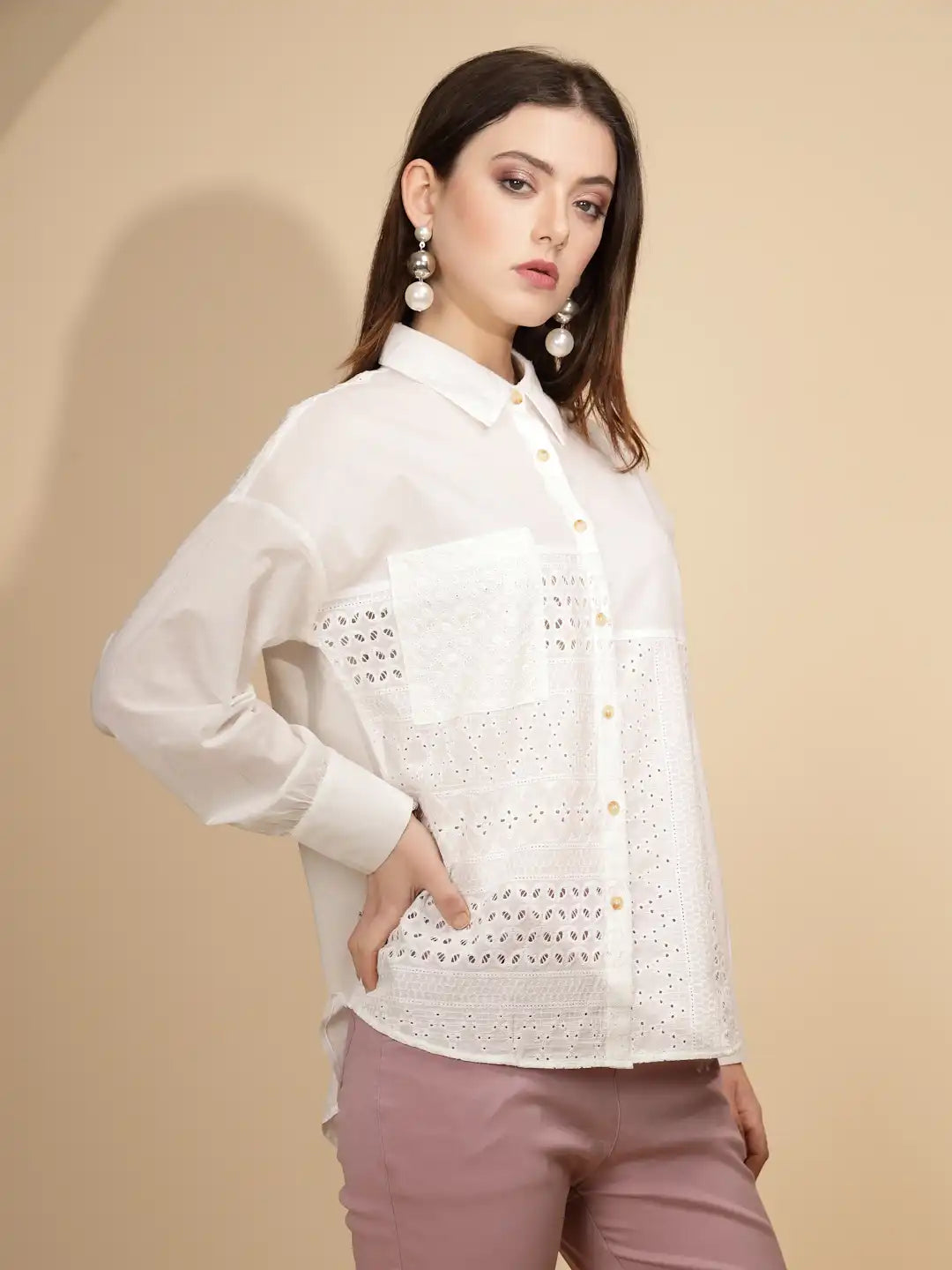 White Cotton Schiffli Shirt - Global Republic